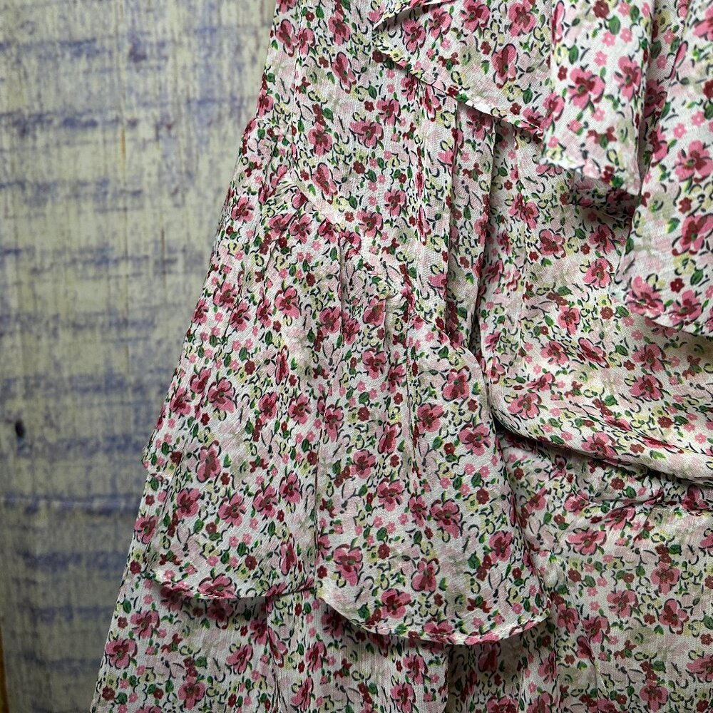 M/L Floral Print Long Sleeve Eyelet Ruffled Mini Tie Waist Dress - Picture 5 of 7